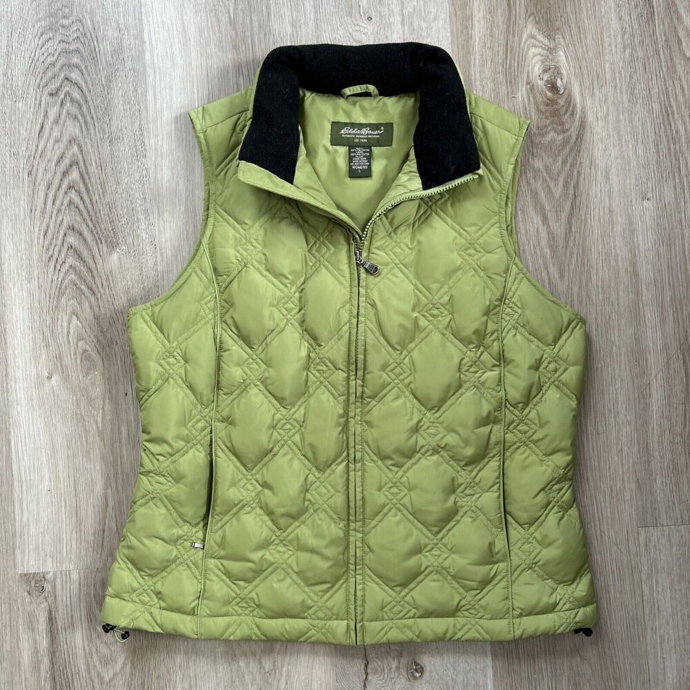 Eddie Bauer Goose Down Quilted Puffer Vest Womens Size Large Olive Green Black